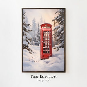 Christmas Wall Decor Printable Red Phone Booth Painting, Festive Xmas Wall Art, Rustic Christmas Art, Vintage Xmas Holiday Art Decor Print