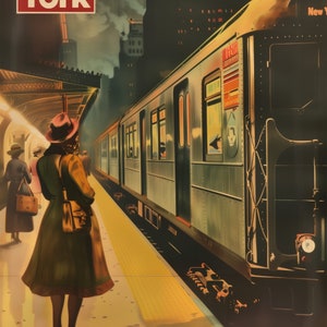 May include: A vintage poster advertising travel to New York City. The poster features a woman in a brown coat and hat standing on a platform next to a subway train. The train is green and gray with the words "New York" on the side. The poster has a yellow and black checkered pattern on the ground.
