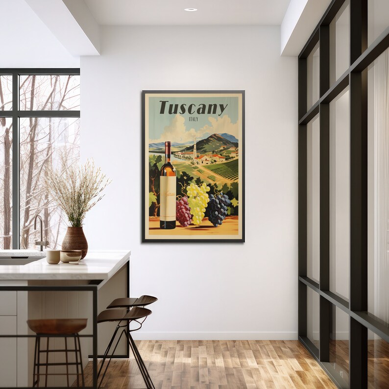 May include: A vintage travel poster advertising Tuscany, Italy. The poster features a bottle of wine, grapes, and a picturesque view of a vineyard and a small town in the distance. The text on the poster reads "Tuscany, Italy".