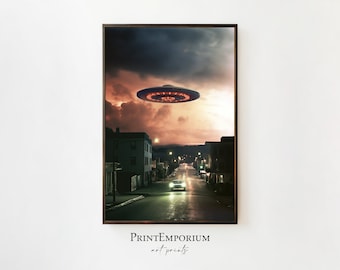 UFO Poster, Large UFO Wall Art, Large Framed Art, Home Decor, Trippy Wall Art, UFO Spaceship Artwork, Living Room Decor, Large Art Print
