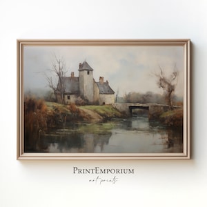 Vintage French Cottage Landscape Painting | Rustic European Countryside Art Print | French Country Wall Decor | Digital Download PRINTABLE