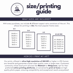 May include: A guide for printing art in different sizes and aspect ratios. The guide includes a list of common print sizes in inches and centimeters, as well as information about printing resolution and quality. The text includes the words "Print Emporium", "size/printing guide", "What sizes are included?", "How do I print my art?", "ultra-high resolution of 300 DPI", "Walmart", "Walgreens", "online printing platforms", and "print at home".