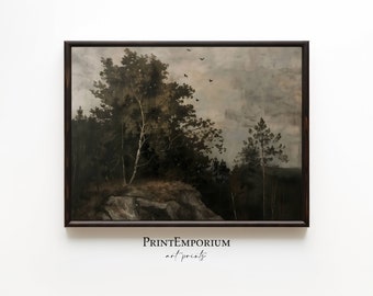 Vintage Dark Forest Art Print | Moody Pine Tree Landscape | Antique Nature Painting | Earth Tone Digital Wall Decor | PRINTABLE DOWNLOAD