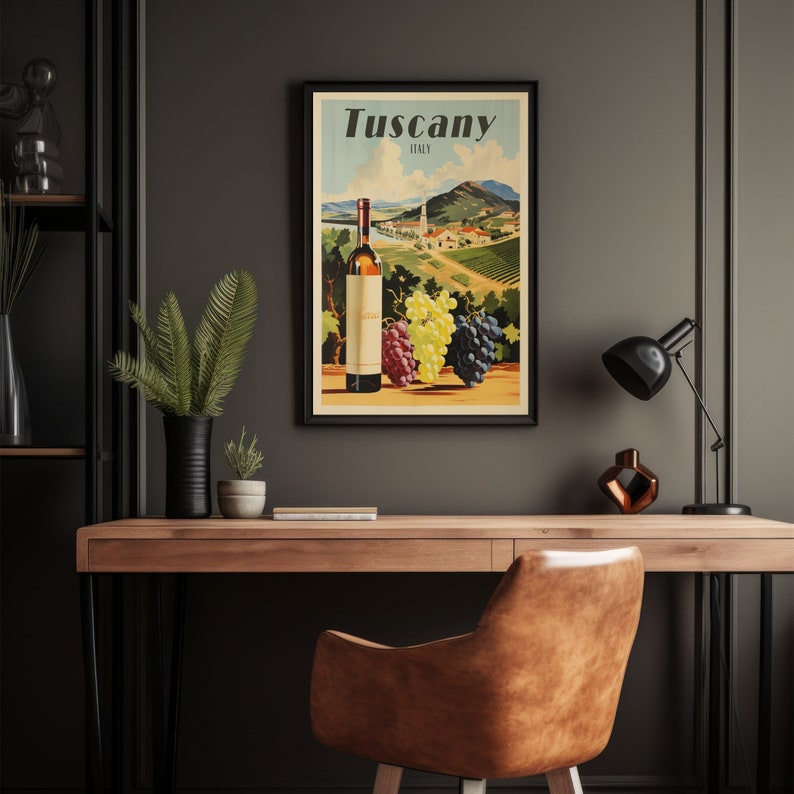 May include: A vintage travel poster for Tuscany, Italy, featuring a bottle of wine and grapes in front of a vineyard landscape. The poster has a yellow background with blue sky and green hills. The text "Tuscany, Italy" is printed in black at the top of the poster.