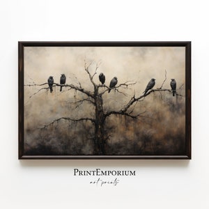 Vintage Halloween Crows Printable Wall Art, Halloween Wall Art, Perching Crows Wall Art, Perching Crows Art, Spooky Landscape, Digital Art