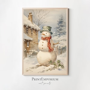Süße Weihnachten Schneemann Gemälde, druckbare Weihnachtswandkunst, rustikale Weihnachtskunst, Vintage Weihnachten Urlaub Kunst, digitaler Download Schneemann Druck
