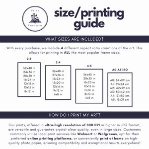May include: A guide for printing art in different sizes and aspect ratios. The guide includes a chart with various sizes in inches and a list of standard ISO paper sizes in centimetres. The text mentions printing at home or using local print services like Walmart or Walgreens.