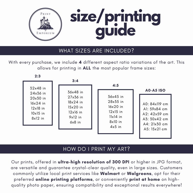 May include: A guide for printing art in different sizes and aspect ratios. The guide includes a chart with various sizes in inches and a list of standard ISO paper sizes in centimetres. The text mentions printing at home or using local print services like Walmart or Walgreens.