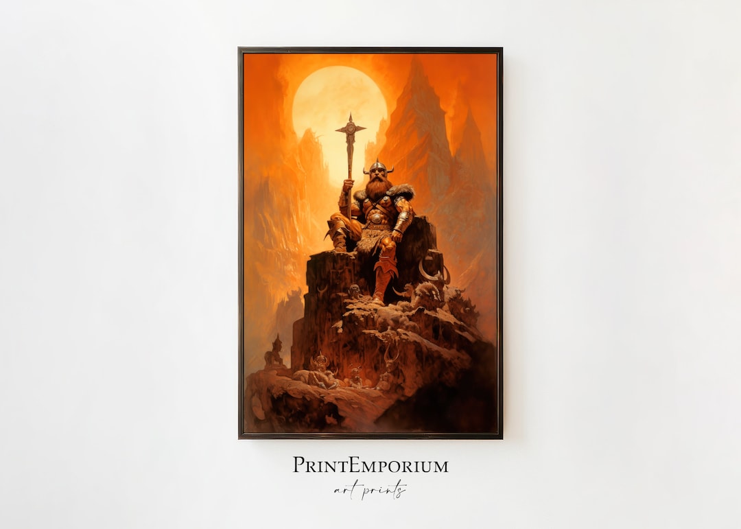 Vintage Viking Fantasy Art Print, Frank Frazetta Style Art, Large Framed Art, Man Cave Decor