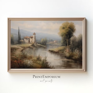 Vintage Italian Countryside Painting | Rustic European Villa Print | Antique Moody Landscape Wall Art | Digital Download PRINTABLE
