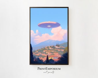 Cartoon UFO Poster, Large UFO Wall Art, Large Framed Art, Trippy Wall Art, Cartoon UFO Spaceship Artwork, Living Room Decor, Anime Wall Art
