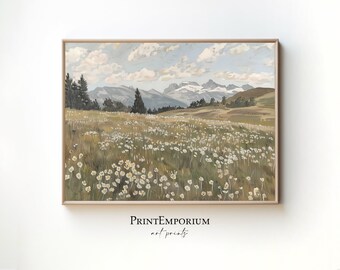 Rustikale Bergwiese Landschaftsmalerei | Frühling Wildblumen Feld Druck | Sommer Land Digitale Malerei | Bauernhaus druckbare Dekor