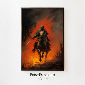 Vintage Cloaked Horseman Fantasy Art Print, Frank Frazetta Style Art, Halloween Wall Art, Man Cave Decor, Dark Fantasy Art, Large Wall Art