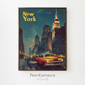 Cartel de viaje vintage de Nueva York, arte de pared retro, impresión de Nueva York, paisaje urbano de Manhattan, arte de mediados de siglo, descarga digital, arte IMPRIMIBLE, letra grande
