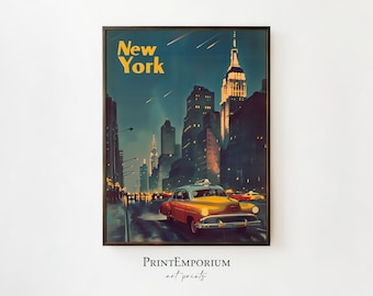 Vintage NYC Travel Poster, Retro Wall Art, New York Print, Manhattan Cityscape, Midcentury Art, Digital Download, PRINTABLE Art, Large Print