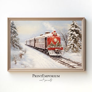 Christmas Wall Decor Train Printable Painting, Rustic Christmas Art Print, Vintage Winter Landscape Print, Holidays Wall Art, Xmas Wall Art