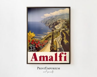 Retro Amalfi Coast Travel Poster, Vintage Italian Print, Nostalgic Mediterranean Travel Art, European Coastal Wall Decor, PRINTABLE Wall Art