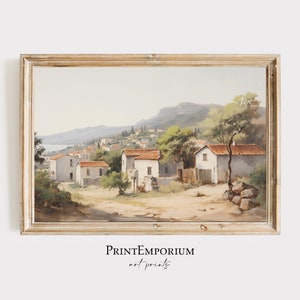 PRINTABLE Greek Village Print | Rustic European Landscape Painting | Vintage Coastal Wall Art | Country Farmhouse Decor | Digital Download