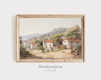 PRINTABLE Greek Village Print | Rustic European Landscape Painting | Vintage Coastal Wall Art | Country Farmhouse Decor | Digital Download