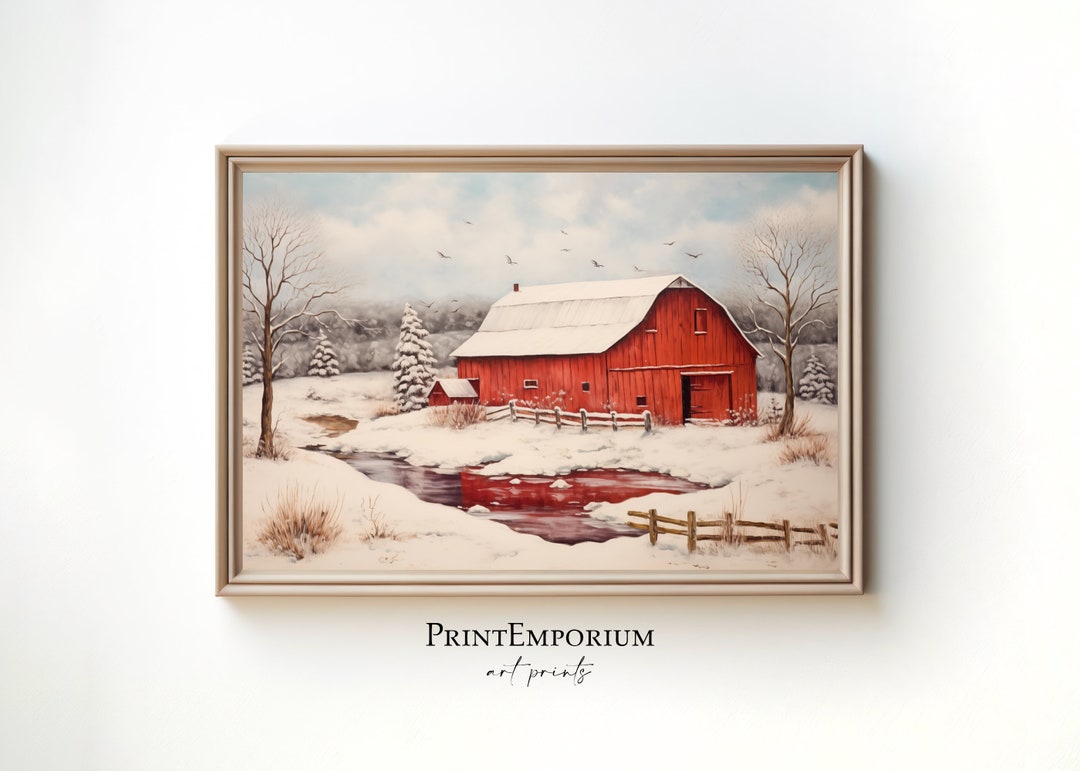 Snowy Winter Red Barn Printable Painting, Christmas Landscape Wall Art ...