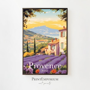 Cartel de viaje de Provenza, cartel de viaje vintage imprimible, cartel de decoración francesa, arte del campo de lavanda, cartel de viaje de Francia, arte digital de Provenza