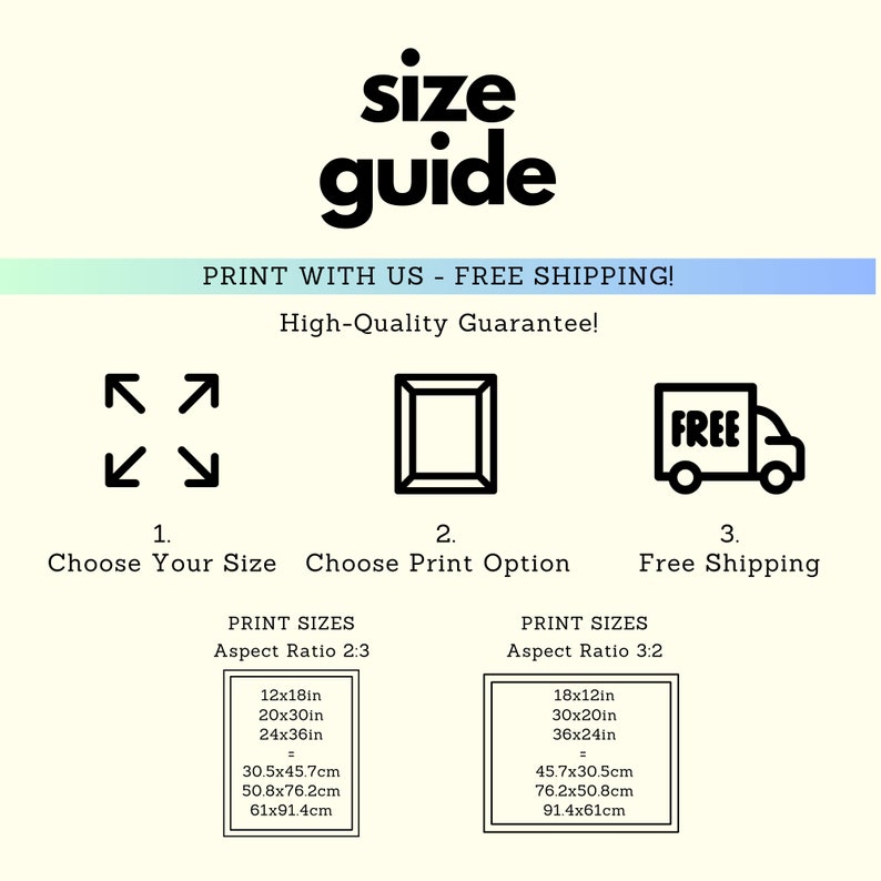 K&ouml;nnte beinhalten: Ein Gr&ouml;&szlig;enleitfaden f&uuml;r den Druck mit kostenlosem Versand. Der Leitfaden zeigt verschiedene Druckgr&ouml;&szlig;en in Zoll und Zentimetern mit Seitenverh&auml;ltnissen von 2:3 und 3:2.