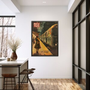 May include: A vintage travel poster for New York City featuring a woman in a green dress and hat waiting on a platform for a train. The train is a green and silver subway car with the words "New York" in red letters at the top of the poster.