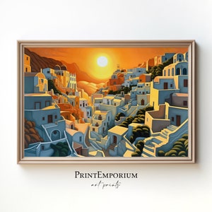Santorini Sunset Landscape Painting, Modern Santorini Art, Greek Art, Home Decor, Santorini Souvenir, Birthday Gift, MC Escher Style Art
