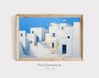 PRINTABLE Greece Village Painting | Vintage Coastal Decor | Greek Island Architecture Print | European Cityscape Wall Art | Digital Download