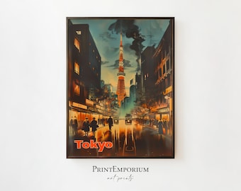 Retro Tokio Japan-print | Vintage reisposter | Japans toerisme | Aziatische muurkunst | Stedelijk stadsdecor | DIGITALE DOWNLOAD | AFDRUKBARE kunst
