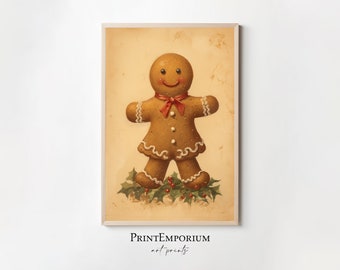 Julväggdekoration utskrivbar pepparkaksgubbemålning, rustik julväggkonst, vintage julväggdekoration, festlig julväggdekoration för hemmet