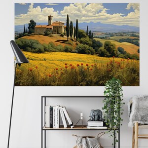 K&ouml;nnte beinhalten: Ein Gem&auml;lde einer toskanischen Landschaft mit einem Steinbau auf einem H&uuml;gel. Das Geb&auml;ude hat ein rotes Ziegeldach und einen Glockenturm. Vor dem Geb&auml;ude stehen Zypressen und im Vordergrund ein Feld mit gelben Blumen.