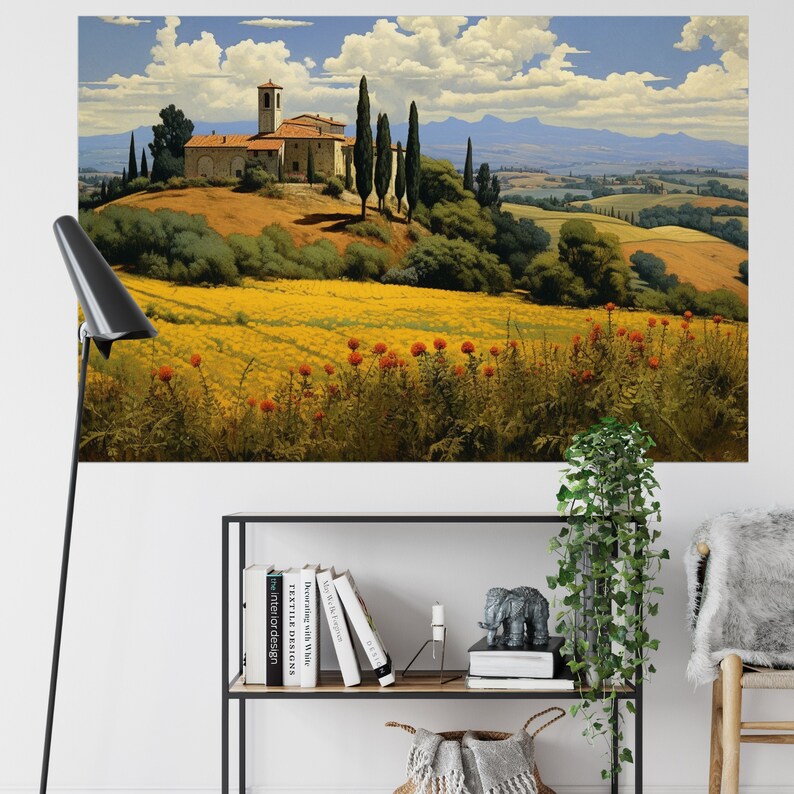 K&ouml;nnte beinhalten: Ein Gem&auml;lde einer toskanischen Landschaft mit einem Steinbau auf einem H&uuml;gel. Das Geb&auml;ude hat ein rotes Ziegeldach und einen Glockenturm. Vor dem Geb&auml;ude stehen Zypressen und im Vordergrund ein Feld mit gelben Blumen.