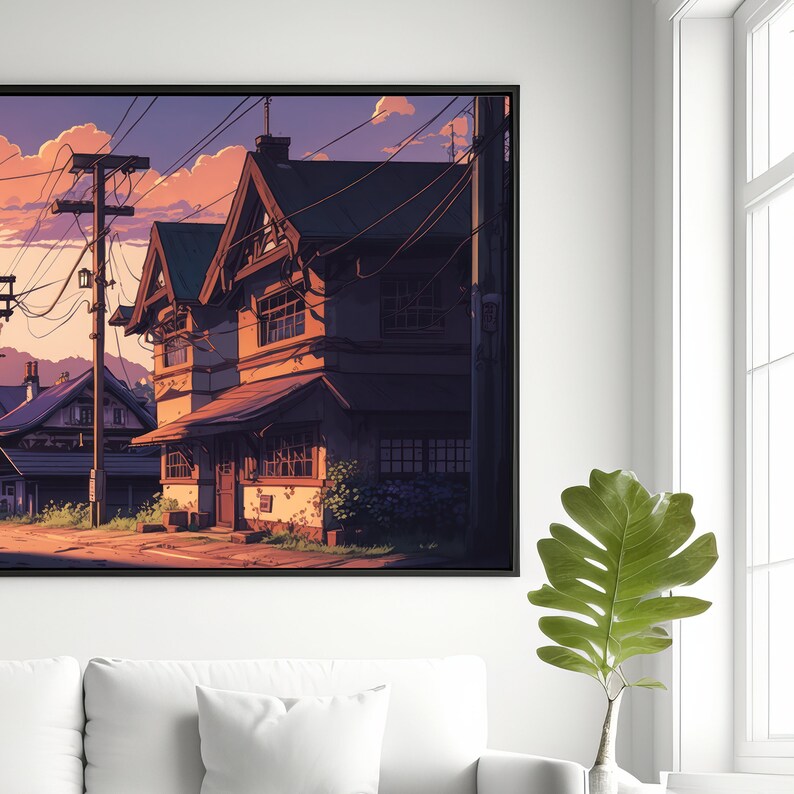 K&ouml;nnte beinhalten: Ein digitales Gem&auml;lde eines zweist&ouml;ckigen Hauses mit braunem Dach und wei&szlig;en Verzierungen. Das Haus ist von Stromleitungen und B&auml;umen umgeben. Der Himmel ist in sanftem Rosa und Lila gehalten.