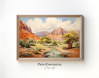 Zion National Park Watercolor Print, Rustic Desert Landscape Painting, Southwest Nature Wall Art, National Park Art Outdoor Wilderness Decor