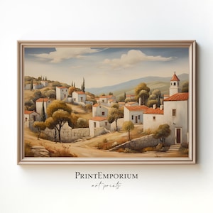 Vintage Greece Village Print | Rustic European Landscape Painting | Printable Coastal Wall Art | Country Farmhouse Decor | Digital Download