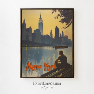 Vintage New York Travel Poster, Retro Wall Art, Art Deco Print, Manhattan Cityscape, Midcentury NYC Art, Digital DOWNLOAD, PRINTABLE Art