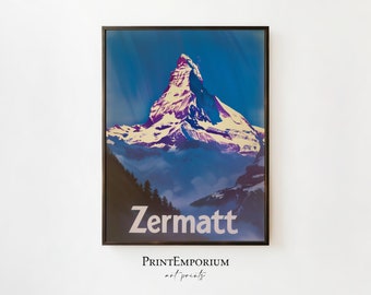 Vintage Zermatt Print | Switzerland Travel Poster | Retro Wall Art | Matterhorn Mountain | Swiss Alps Decor | PRINTABLE Art | Large Wall Art