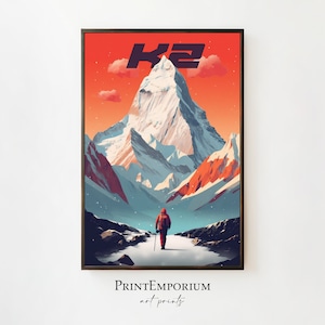 K2 Printable Travel Poster, Mountains Travel Poster, K2 Mountain, Large Framed Art, Digital Download K2 Print, Extreme Sports Wall Art