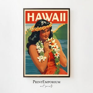 Retro Hawaii reisposter, afdrukbare tropische muur decor, bloemen kunst aan de muur, retro reisposter, surfen reisposter, strand muur decor