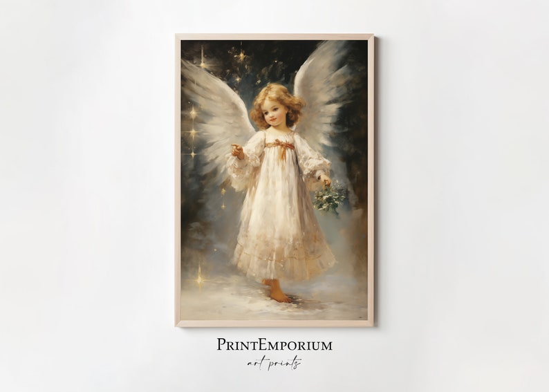 May include: A painting of a young angel with white wings and a white dress, standing in a snowy landscape with stars in the background.