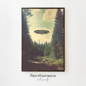 UFO Poster, große UFO Wand, große gerahmte Kunst, Wohnkultur, Trippy Wandkunst, UFO Raumschiff Kunstwerk, Wohnzimmer Dekor, großer Kunstdruck Bild 1