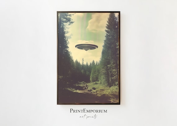 UFO Poster, Large UFO Wall Art, Large Framed Art, Home Decor, Trippy Wall Art, UFO Spaceship Artwork, Living Room Decor, Large Art Print