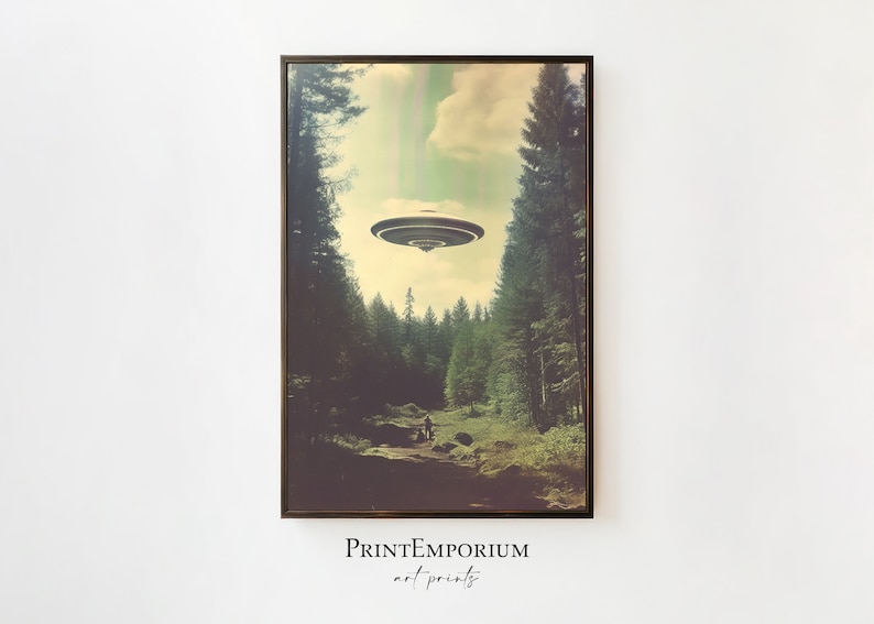 UFO Poster, große UFO Wand, große gerahmte Kunst, Wohnkultur, Trippy Wandkunst, UFO Raumschiff Kunstwerk, Wohnzimmer Dekor, großer Kunstdruck Bild 1