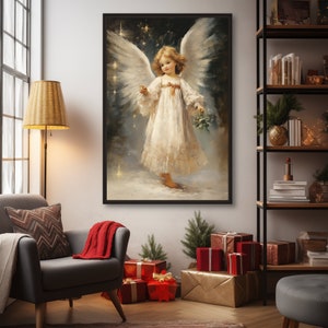 May include: A painting of a young angel with white wings and a white dress, standing in a snowy forest with stars in the background.