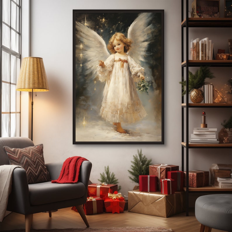 May include: A painting of a young angel with white wings and a white dress, standing in a snowy forest with stars in the background.