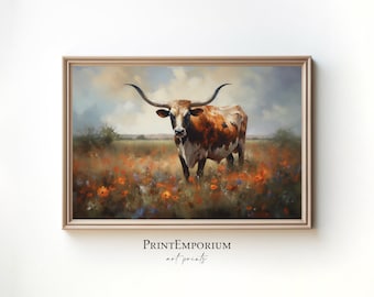 Longhorn Wall Art, Cow Art Print, Western Wall Decor, Rustic Wall Art, Texas Longhorn Art, Farmhouse Wall Decor, Country Wall Art