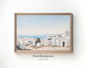 PRINTABLE Greece Landscape Painting | Rustic European Village Print | Vintage Coastal Wall Art | Greek Island Seascape | Digital Download