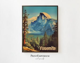 Plakat z Parkiem Narodowym Yosemite w stylu vintage | Plakat podróżniczy w stylu retro | Grafika Half Dome | Sztuka ścienna w Kalifornii | Duży plik do pobrania do druku