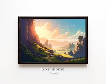Anime Landscape Art Print, Japanese Animation Style, Fantasy Landscape, Serene Wall Art, Home Decor, Large Framed Poster, Imaginative Art